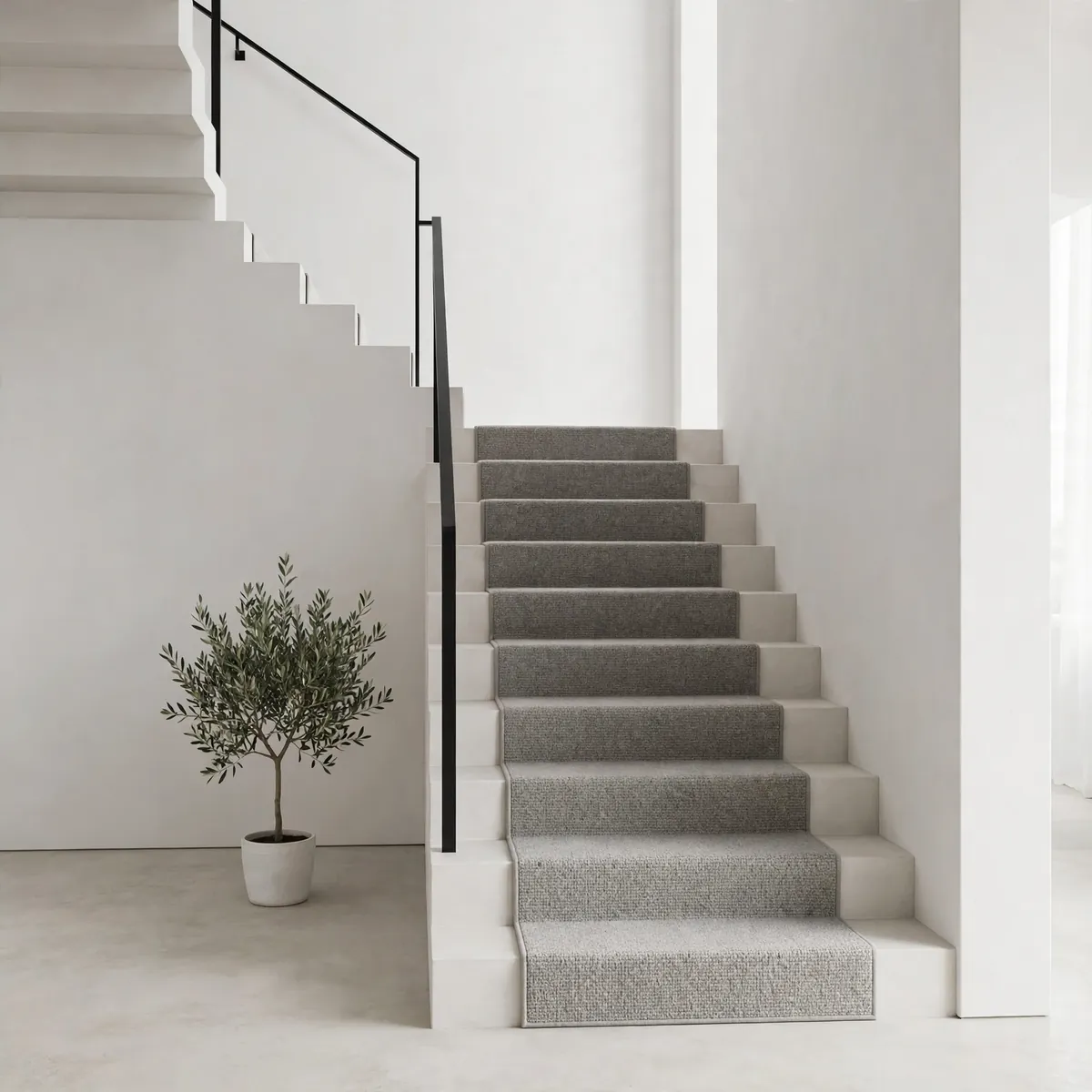 carpeted staircase ideas: Textured Fog-Gray Runner in a Minimal Home