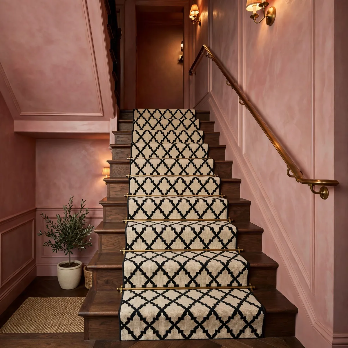 carpeted staircase ideas: Black-and-Cream Trellis Pattern for Boutique Style