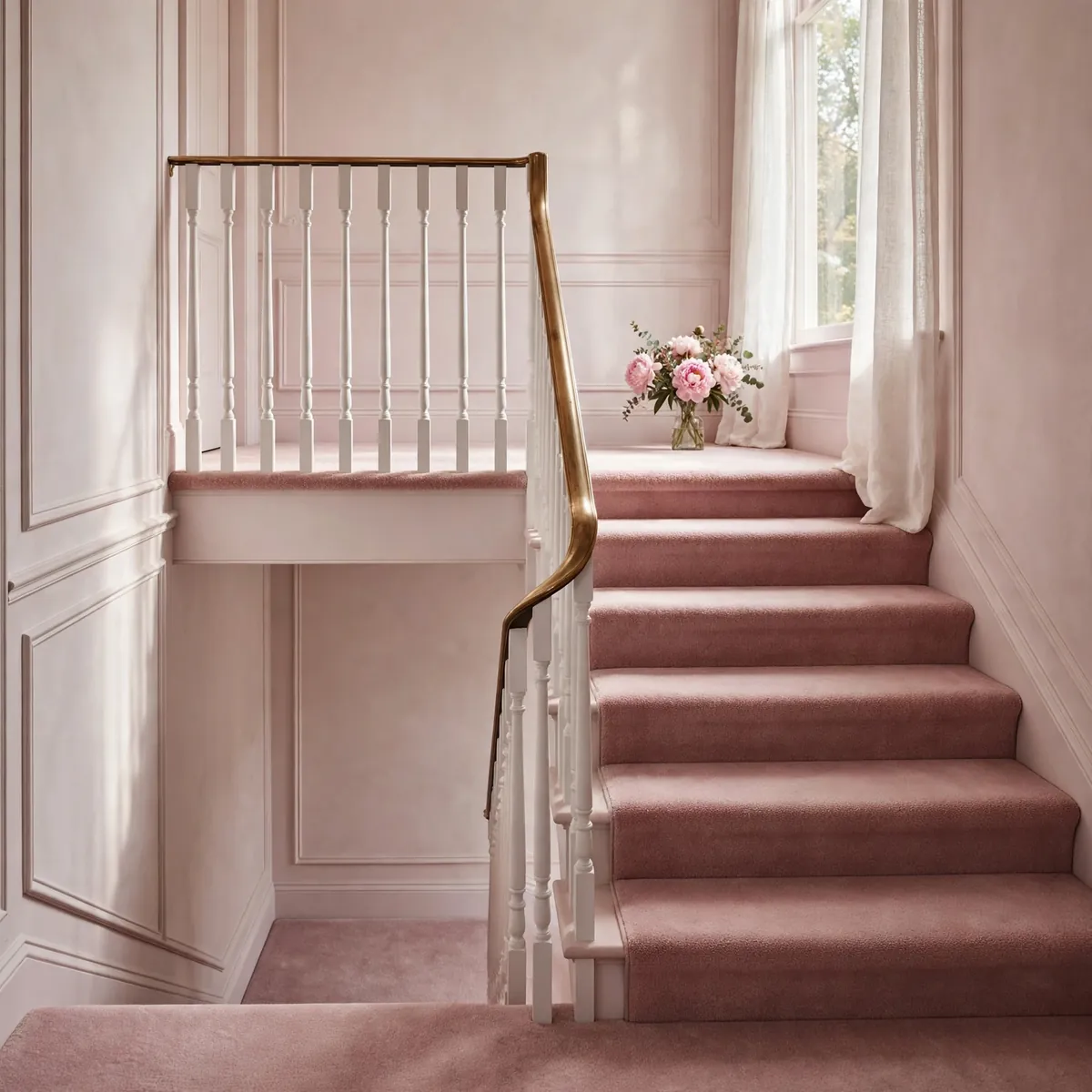 carpeted staircase ideas: Dusty Rose Carpet for a Soft Romantic Stair