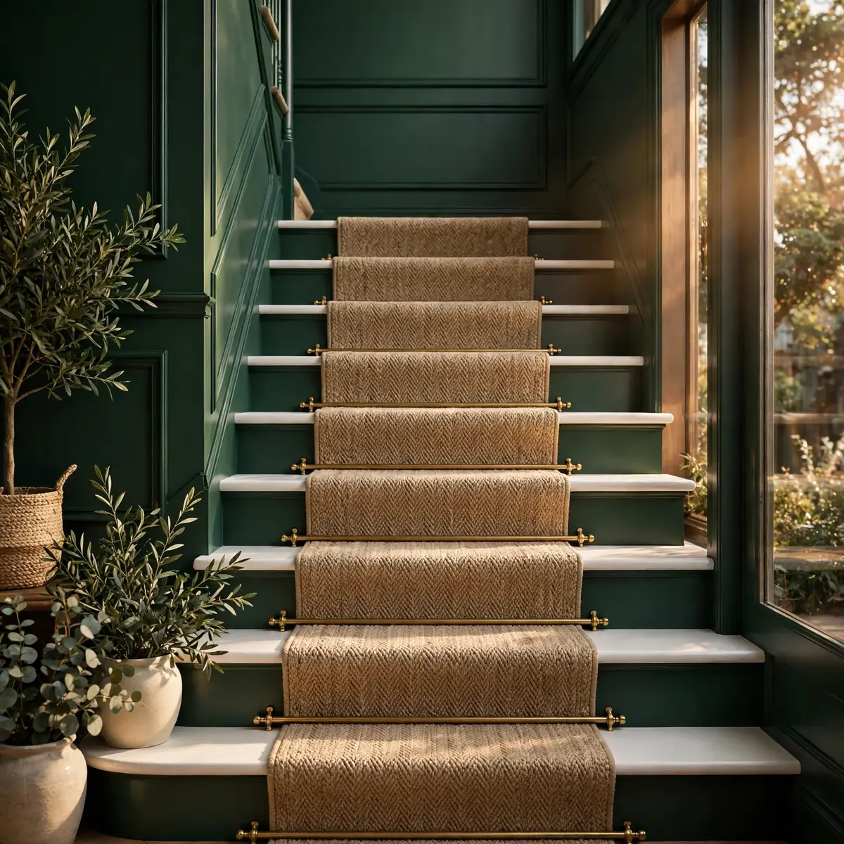 carpeted staircase ideas: Runner Paired With Painted Risers in Deep Green