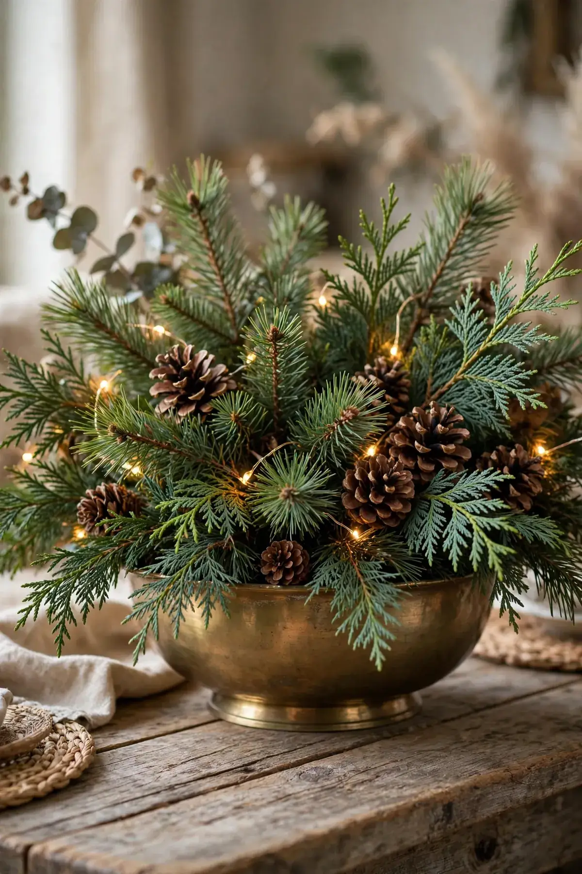 christmas decor ideas: Use Natural Greens and Pinecones for Texture