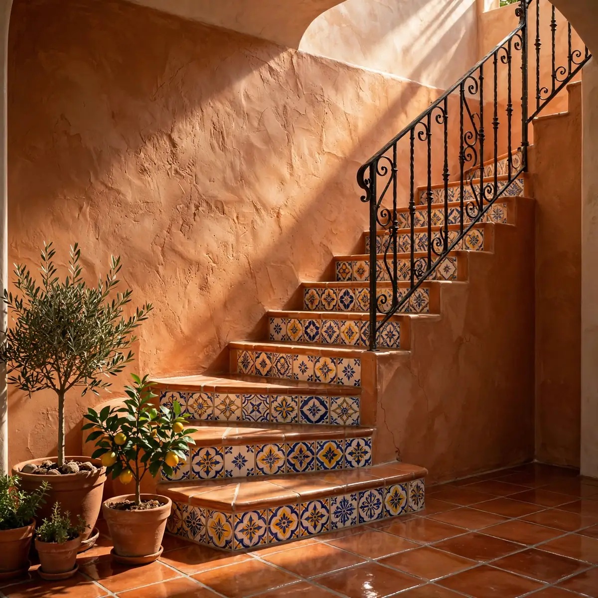 25 Closed Staircase Ideas That Prove Solid Risers Can Be Stunning closed staircase ideas: Line Risers With Patterned Tile