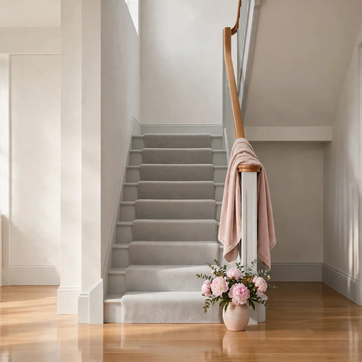 25 Closed Staircase Ideas That Prove Solid Risers Can Be Stunning closed staircase ideas: Add a Continuous Oak Handrail on Brass Brackets