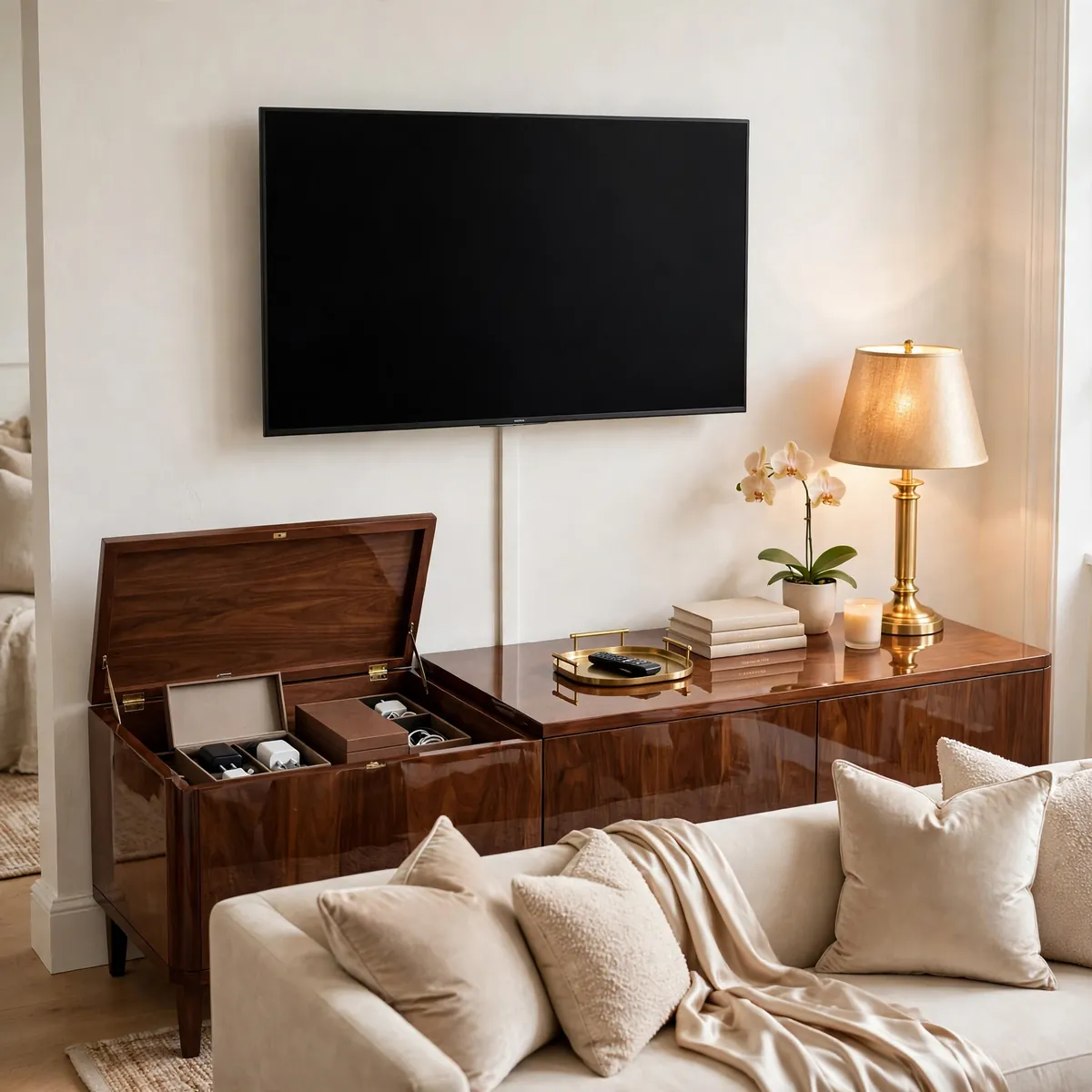 classy living room ideas: Hide Every Cord and Clutter Source