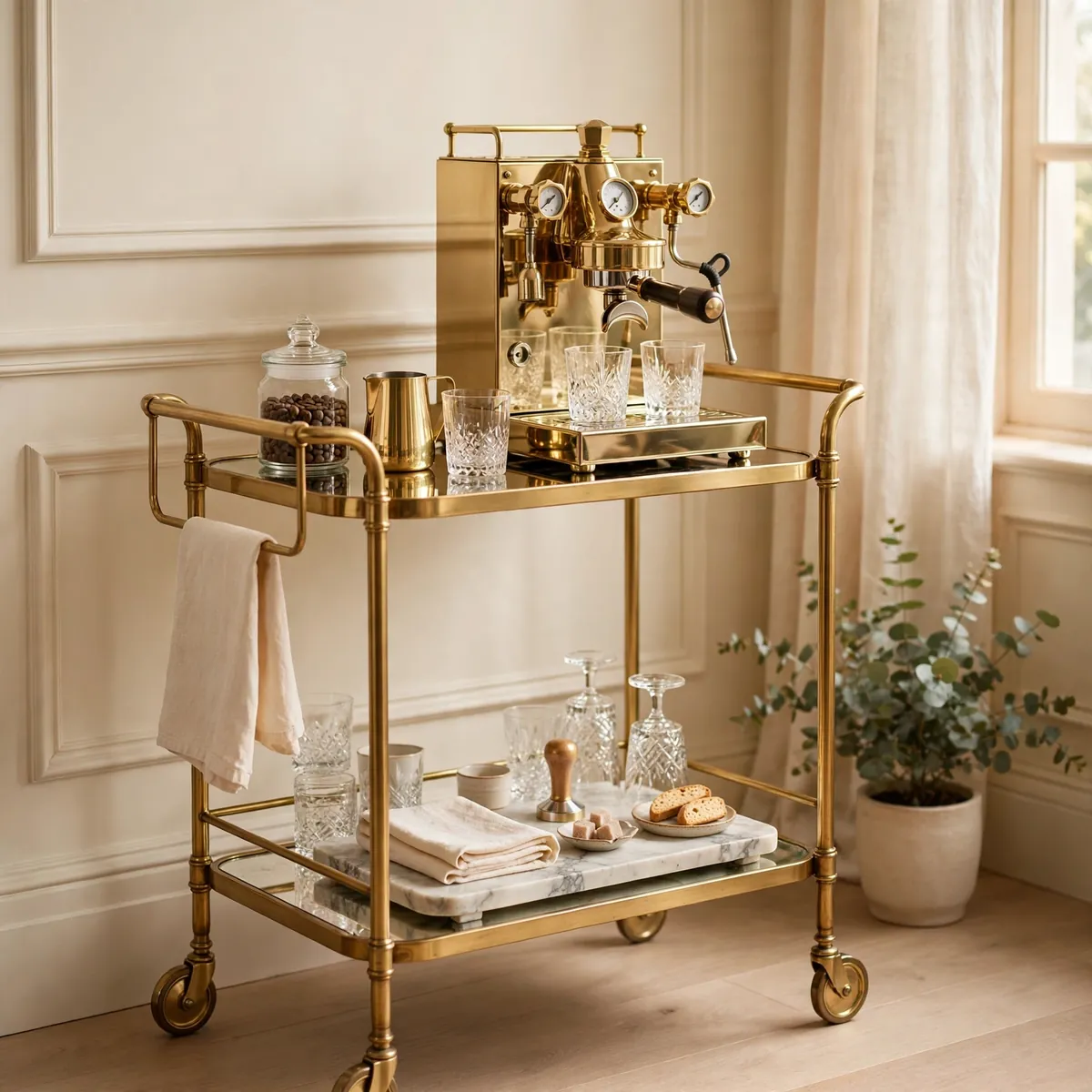 coffee bar ideas: A Rolling Brass Cart Turned Into a Luxe Espresso Station