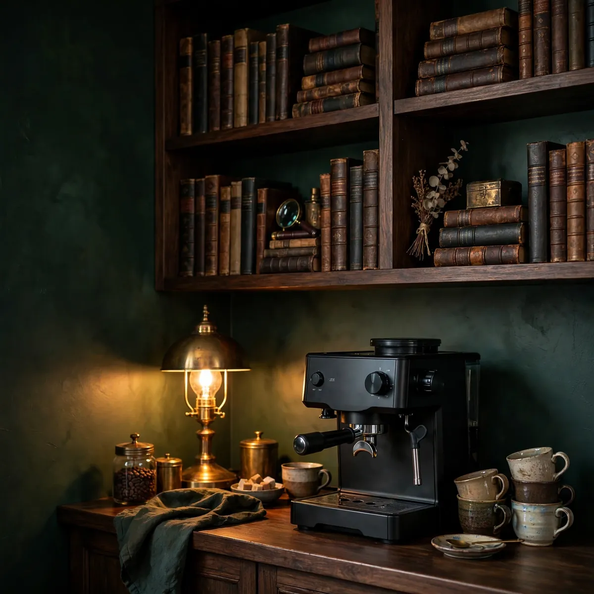 coffee bar ideas: The Dark Academia Corner With Moody Shelves and a Brass Lamp