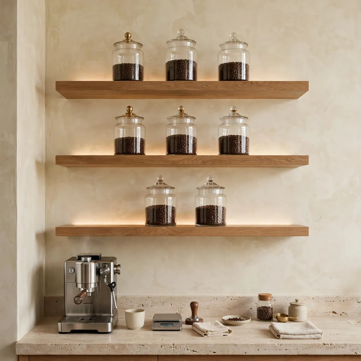 coffee bar ideas: Floating Shelves With Backlit Apothecary Canisters