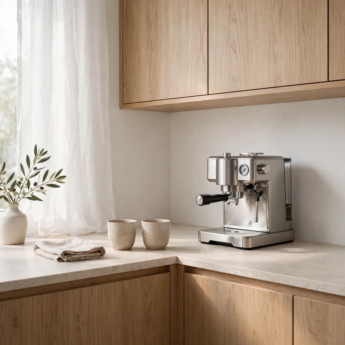 coffee bar ideas: A Scandinavian Corner in White Oak and Soft Morning Light