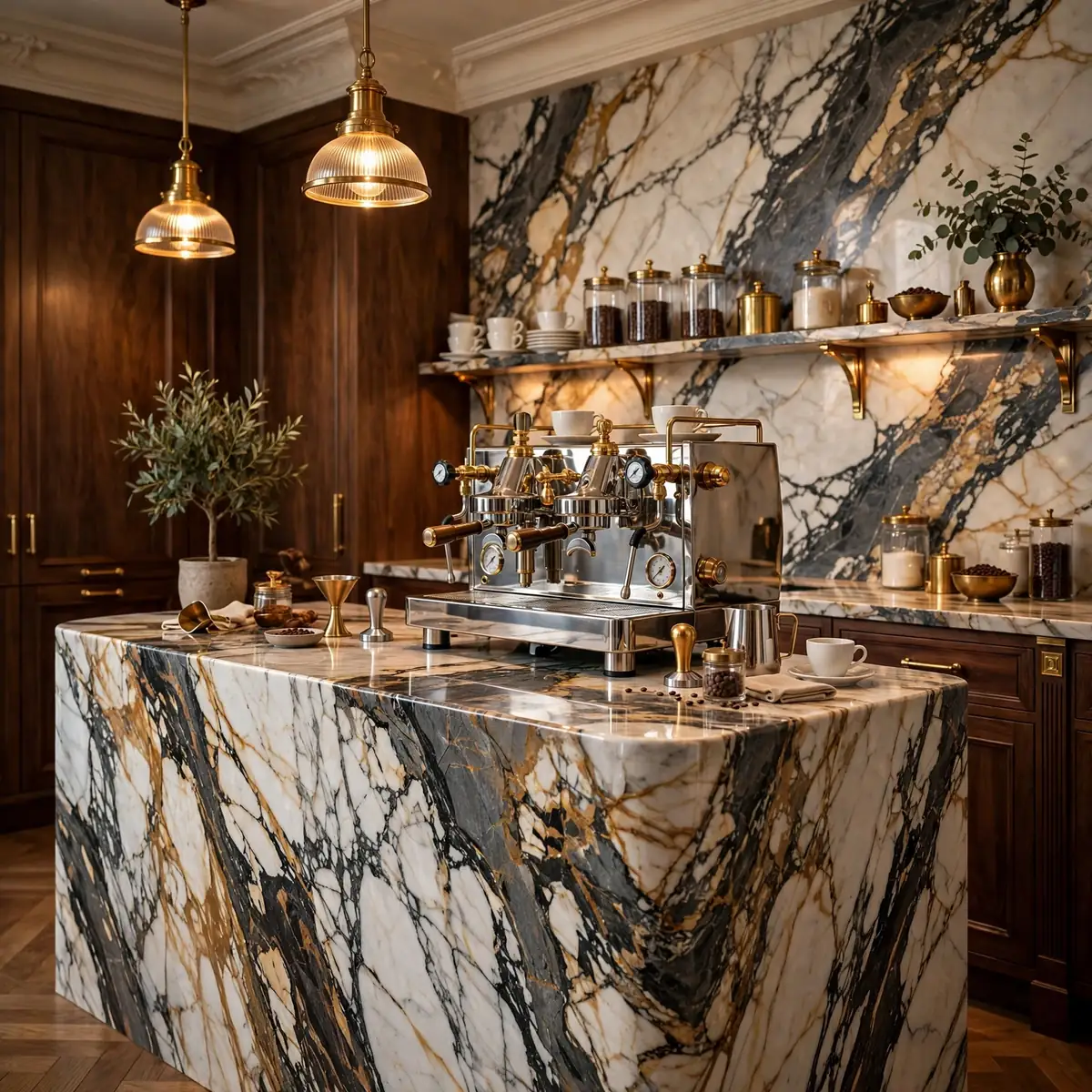 coffee bar ideas: A Waterfall Marble Countertop With a Dual-Boiler Espresso Machine