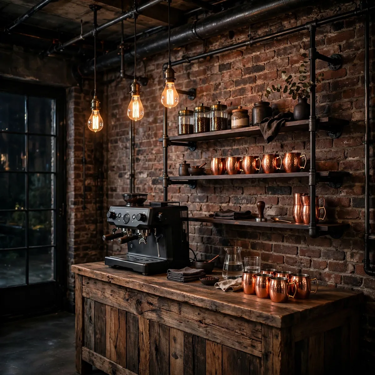 coffee bar ideas: Industrial Loft Shelving in Black Steel and Reclaimed Wood