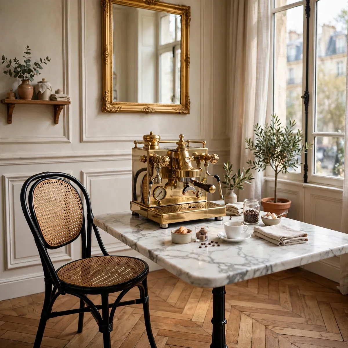 coffee bar ideas: A Parisian Bistro Corner With Marble, Brass, and a Café Chair