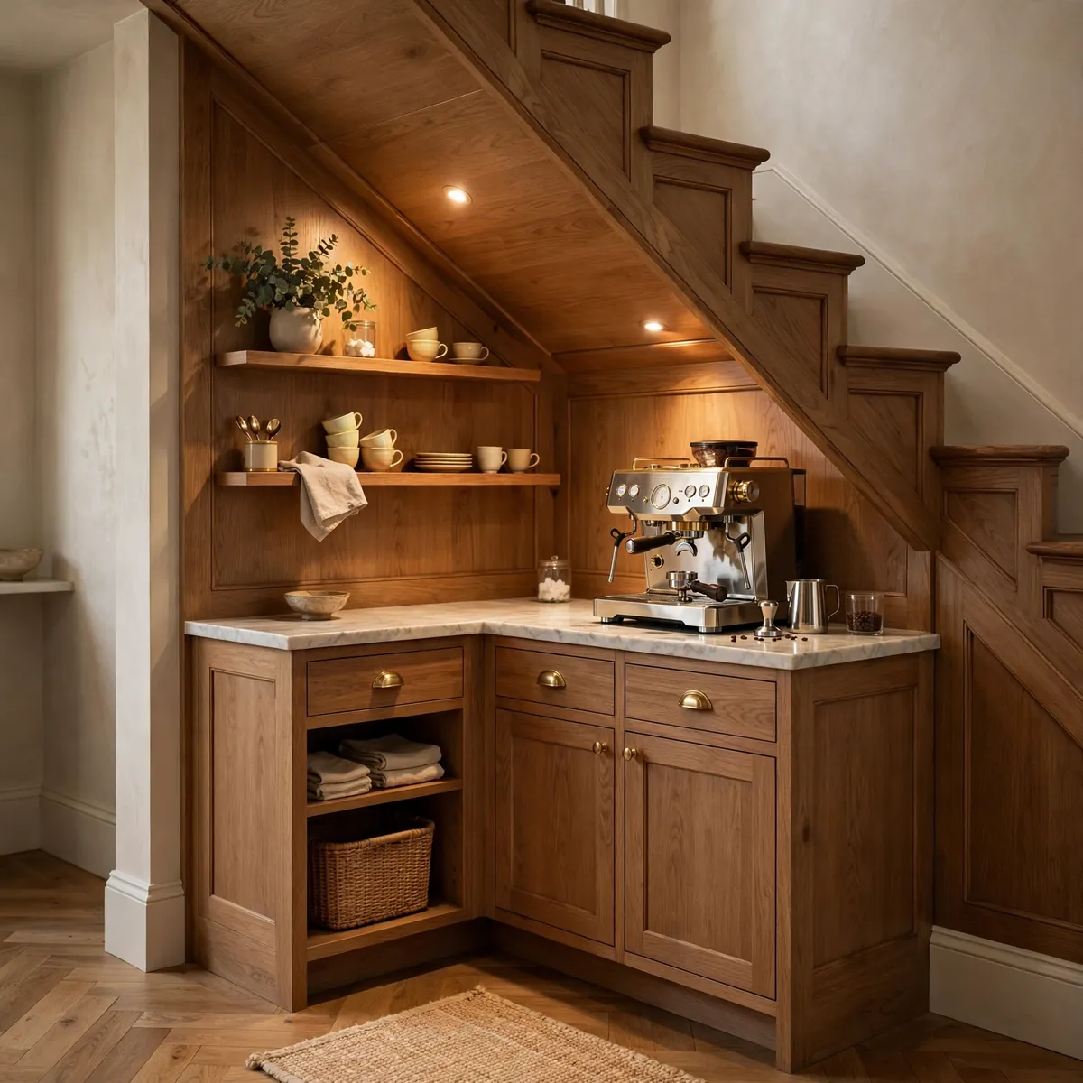 coffee bar ideas: The Under-Stair Nook Turned Espresso Alcove