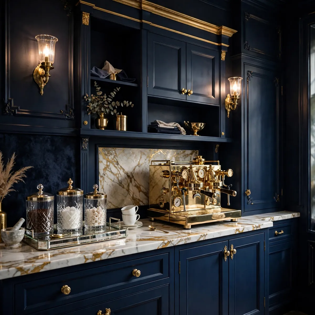 coffee bar ideas: Navy and Gold: A Regal Coffee Bar With a Mirrored Tray