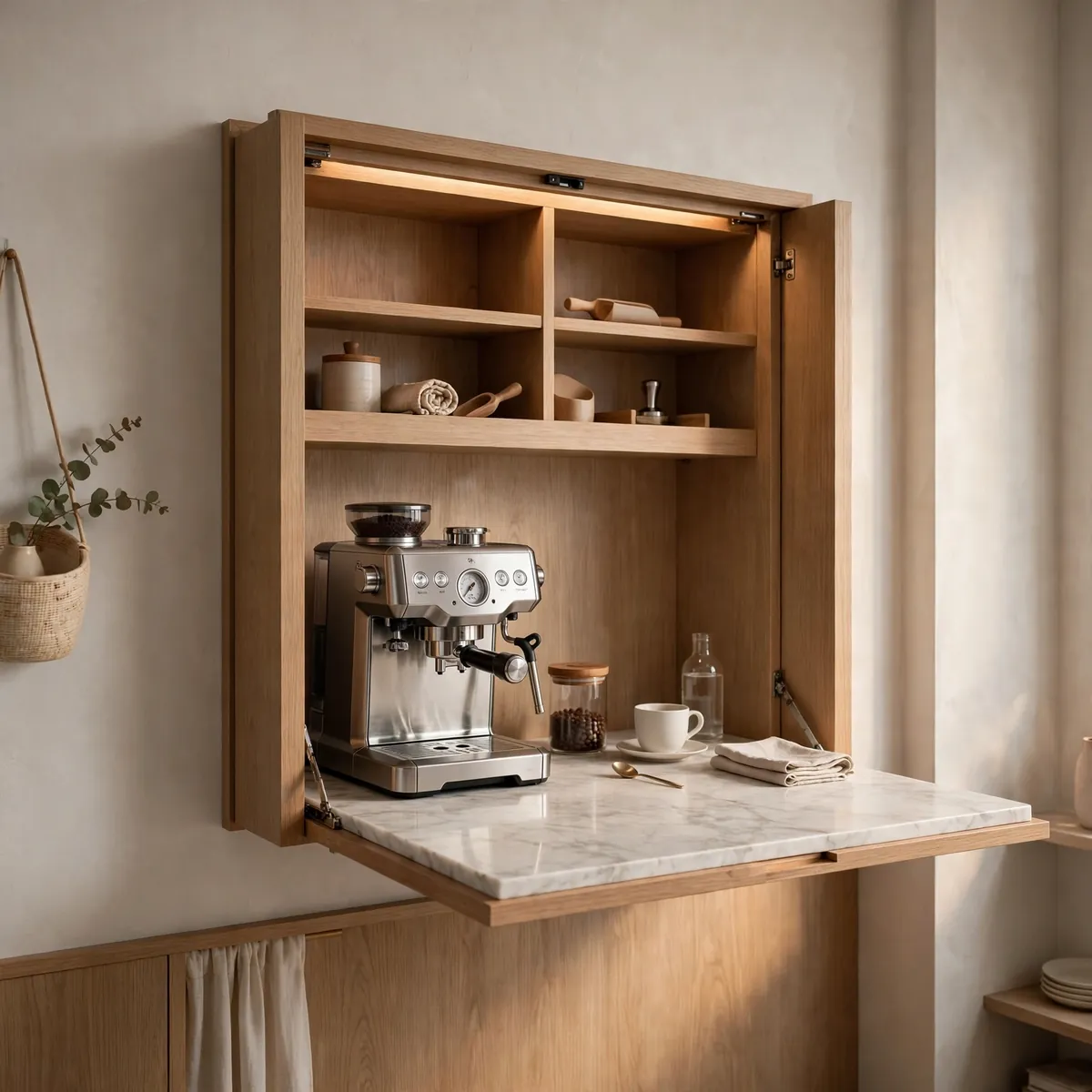 coffee bar ideas: The Fold-Down Wall Cabinet for Small Apartments