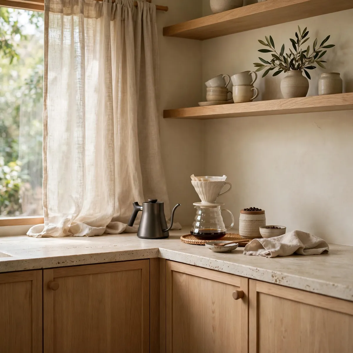 coffee bar ideas: A Japandi Corner in Warm Wood and Natural Stone