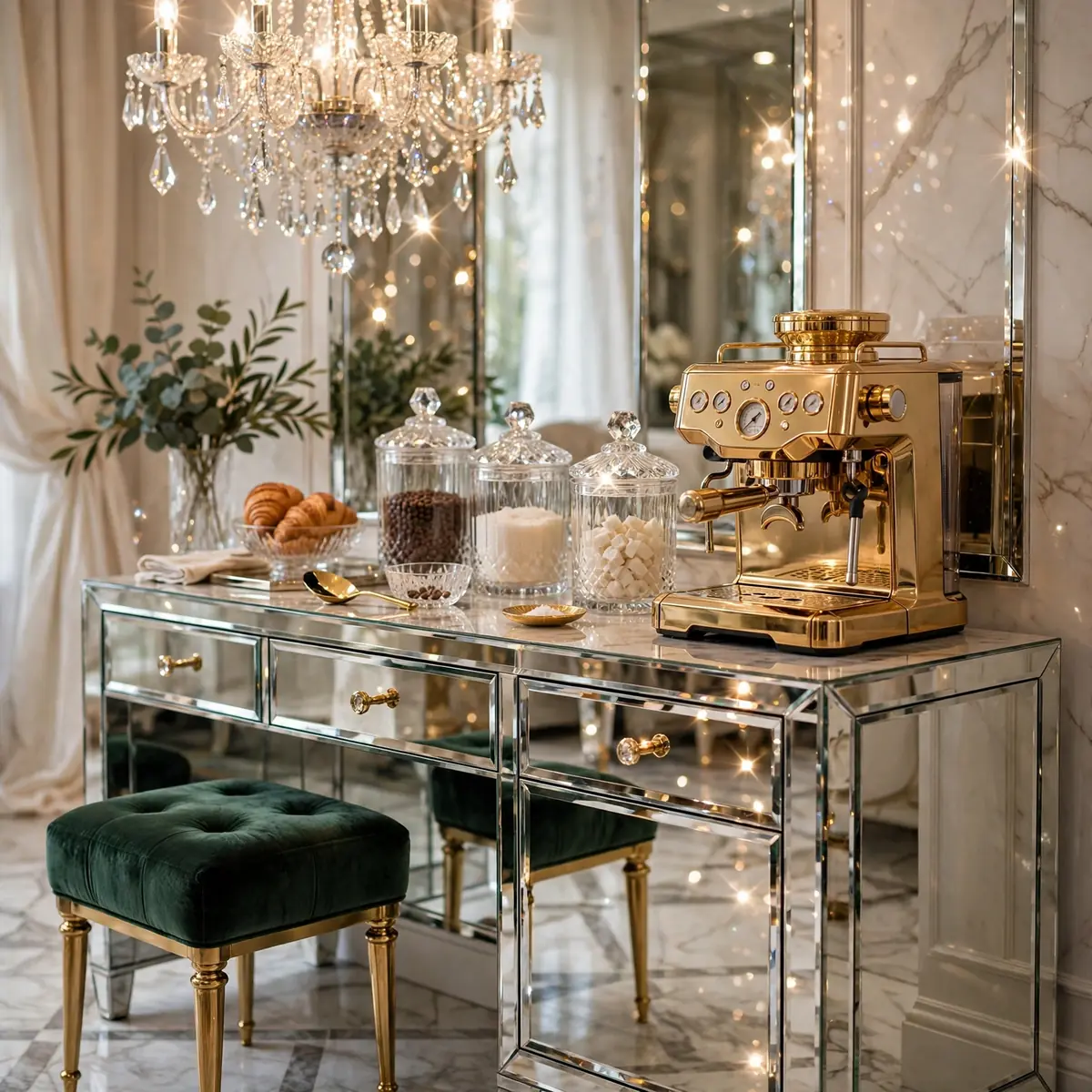 coffee bar ideas: The Glam Mirrored Console With Crystal Canisters