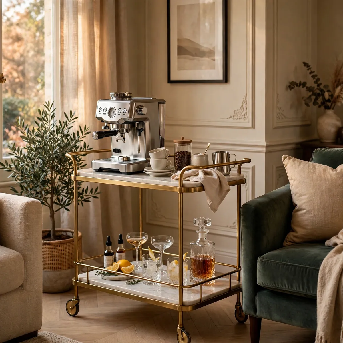 coffee bar ideas: The Dual-Purpose Cart: Coffee by Day, Cocktails by Night