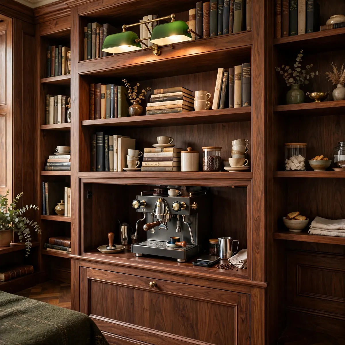 coffee bar ideas: A Bookshelf Conversion With a Built-In Machine Bay