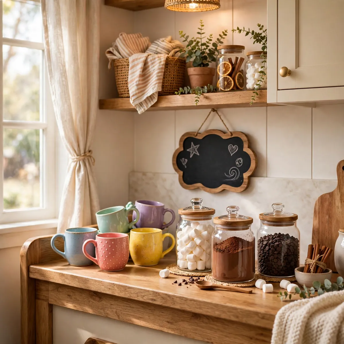 coffee bar ideas: The Family Hot Cocoa Station With Kid-Height Storage