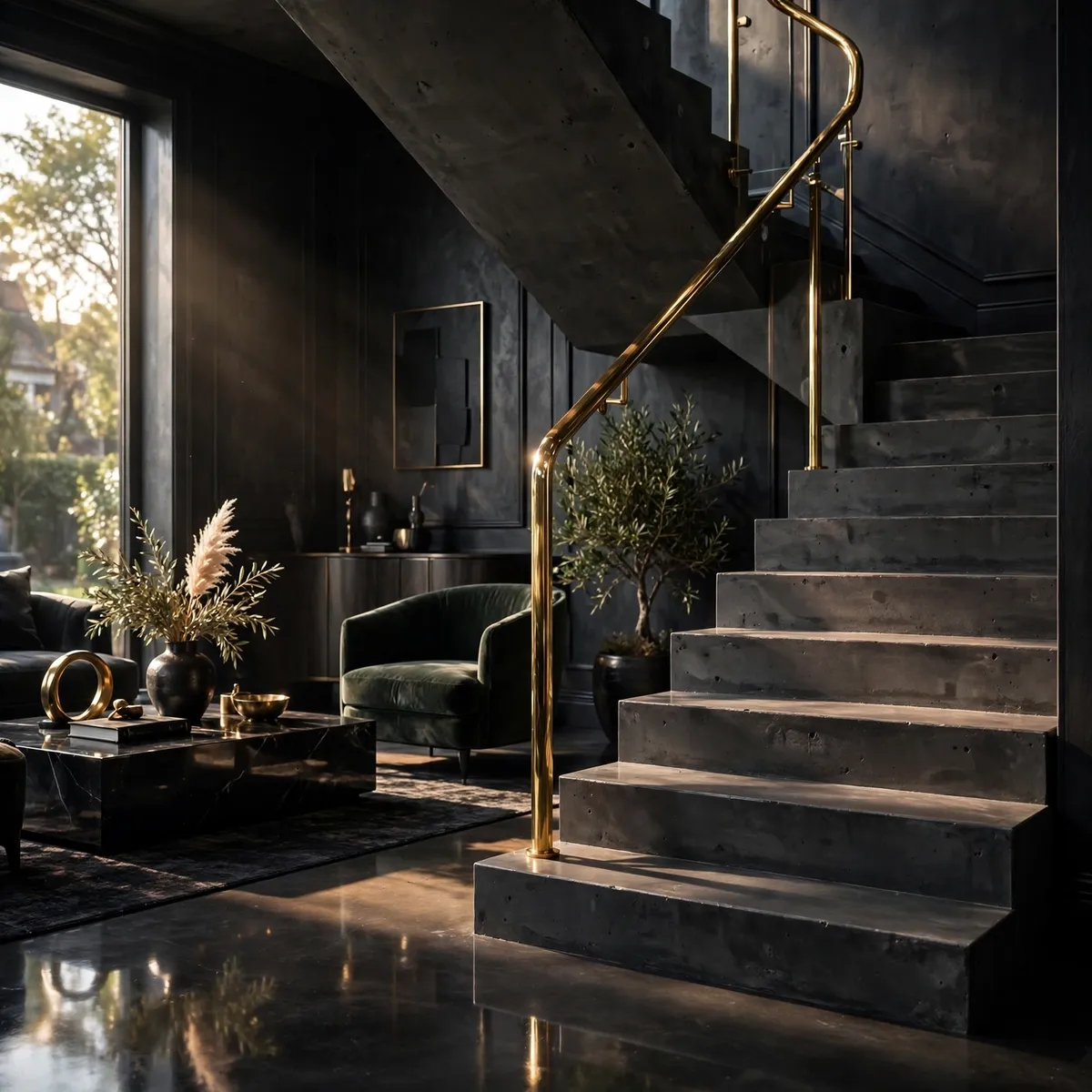 25 Concrete Staircase Ideas That Are Anything But Cold and Grey concrete staircase ideas: Pair With a Blackened Steel Railing