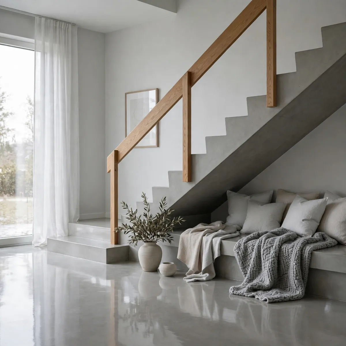 25 Concrete Staircase Ideas That Are Anything But Cold and Grey concrete staircase ideas: Soften With a Wool Runner