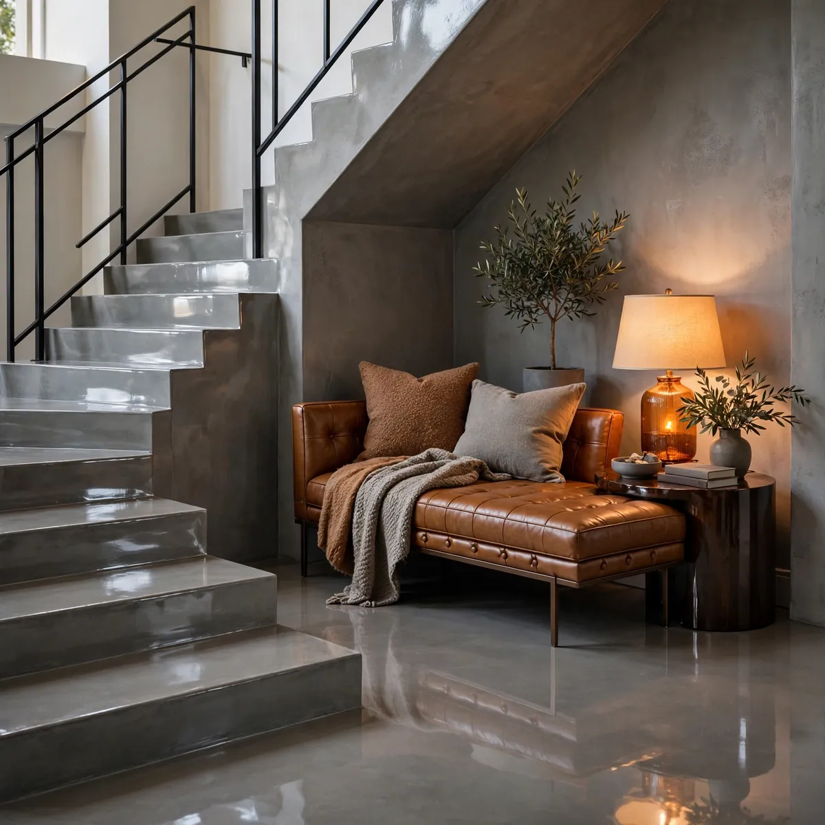25 Concrete Staircase Ideas That Are Anything But Cold and Grey concrete staircase ideas: Inlay Brass Strips Into the Treads