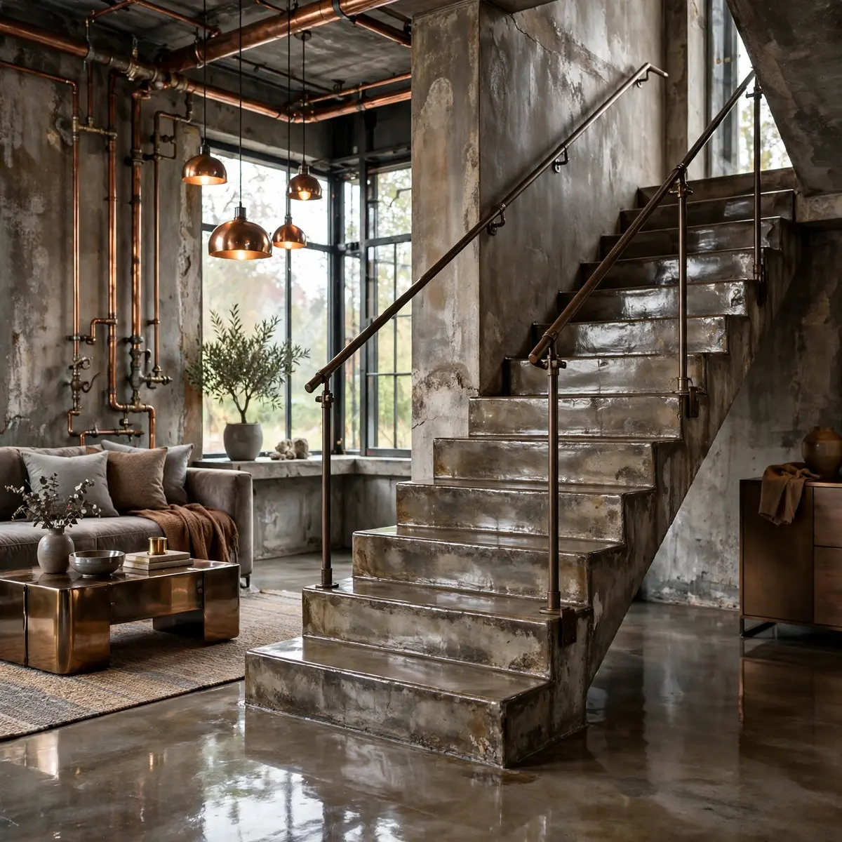 25 Concrete Staircase Ideas That Are Anything But Cold and Grey concrete staircase ideas: Light It From Above With a Linear Pendant
