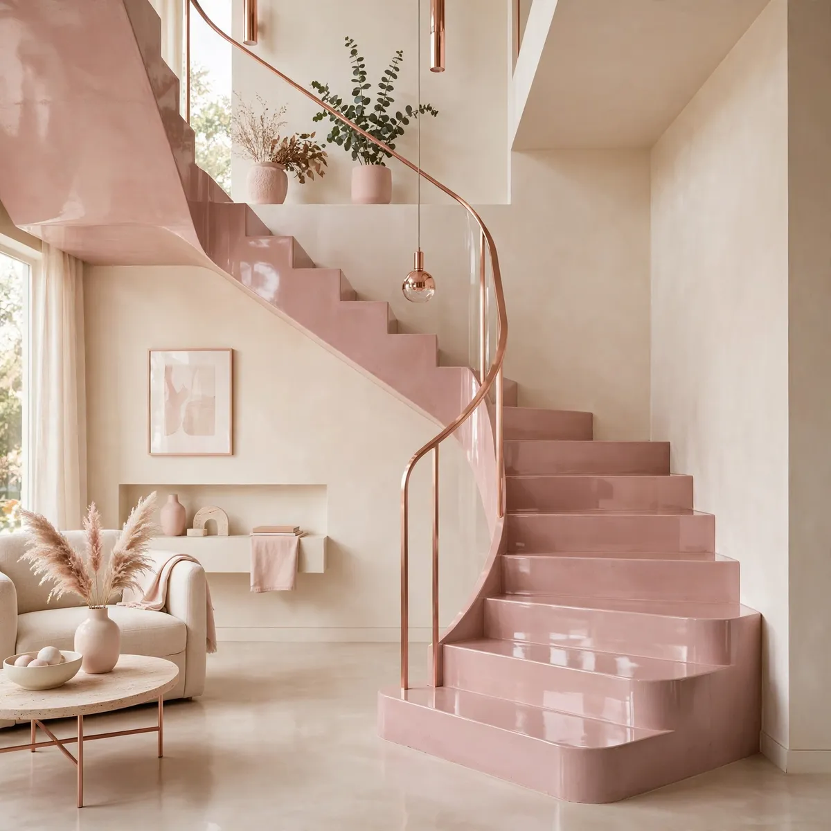 25 Concrete Staircase Ideas That Are Anything But Cold and Grey concrete staircase ideas: Ground It With a Dark Stained Landing Floor