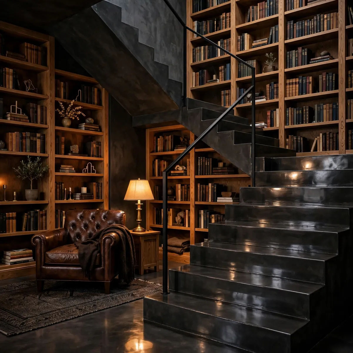 25 Concrete Staircase Ideas That Are Anything But Cold and Grey concrete staircase ideas: Soften Acoustics With Upholstered Wall Panels