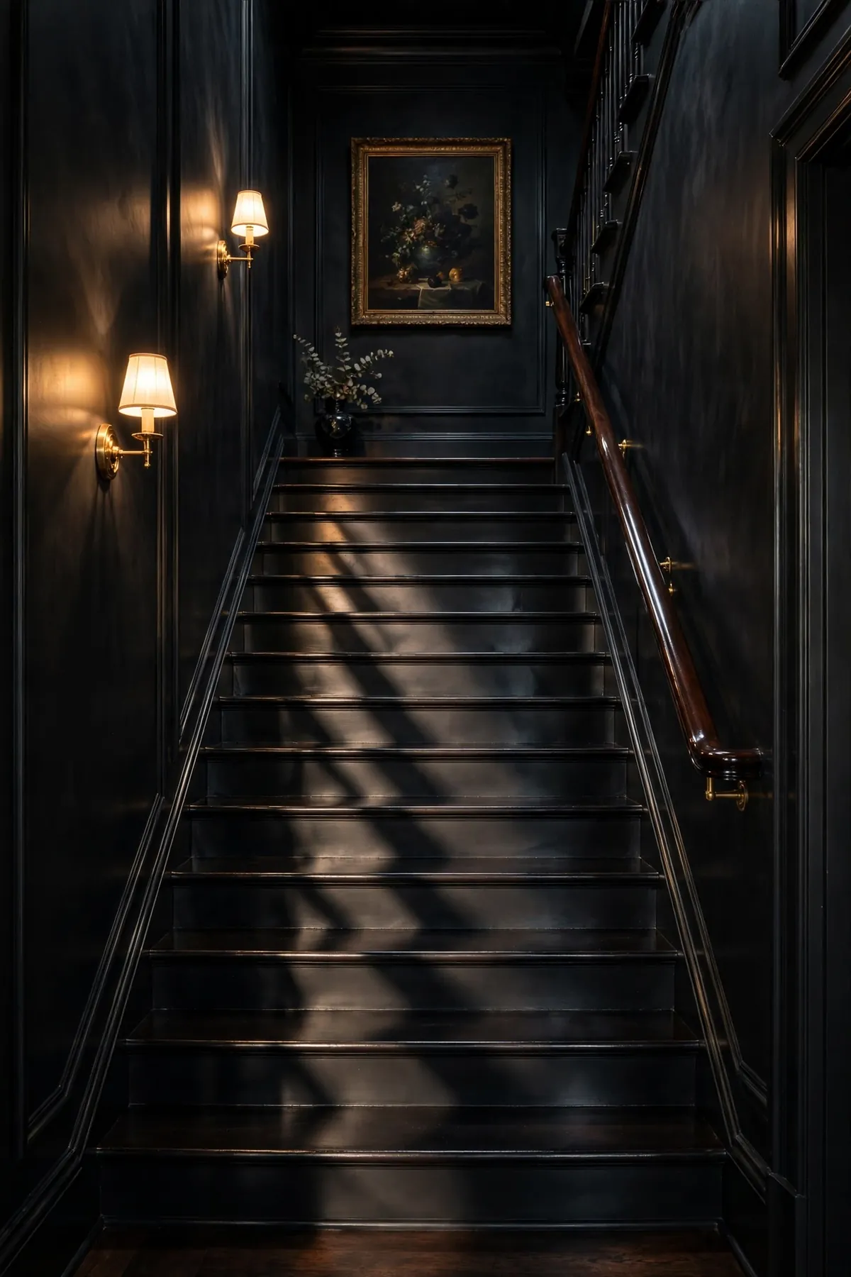 Dark Staircase Ideas: 25 Ways to Make Your Stairs the Boldest Part of the House dark staircase ideas: Go All-In: One Inky Black From Treads to Handrail