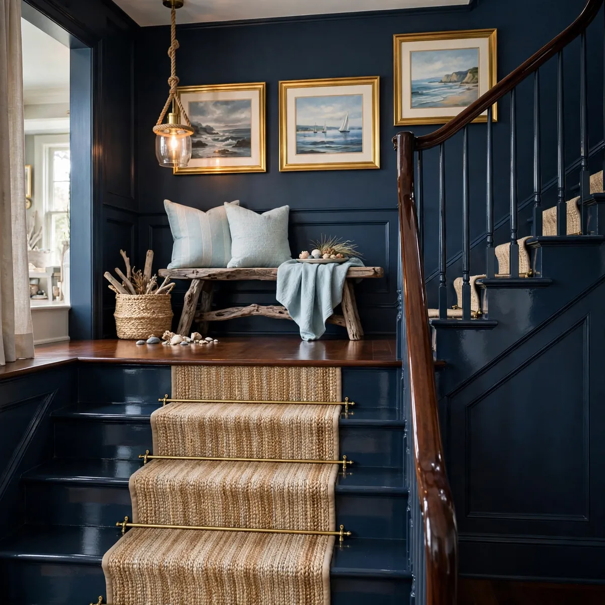 Dark Staircase Ideas: 25 Ways to Make Your Stairs the Boldest Part of the House dark staircase ideas: Hunter Green Stairs With Warm Brass Rods