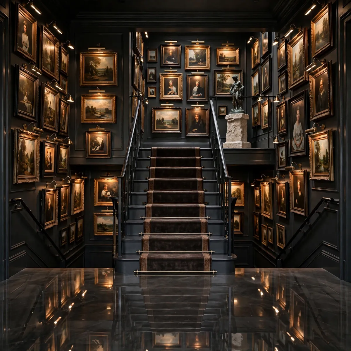Dark Staircase Ideas: 25 Ways to Make Your Stairs the Boldest Part of the House dark staircase ideas: Brass Sconces Marching Up the Stairwell