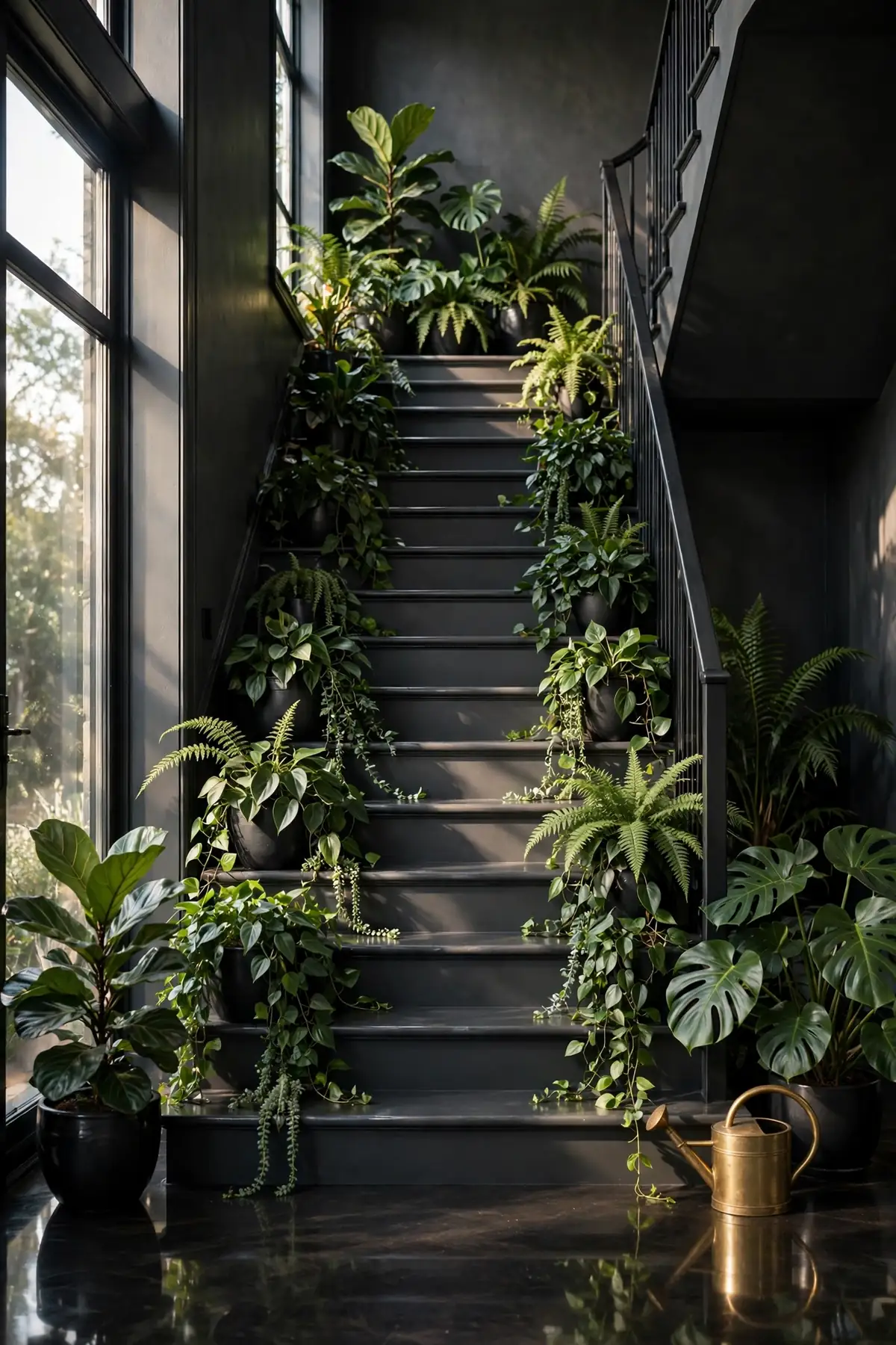 Dark Staircase Ideas: 25 Ways to Make Your Stairs the Boldest Part of the House dark staircase ideas: Paint the Stringer and Skirting a Matching Ink Black