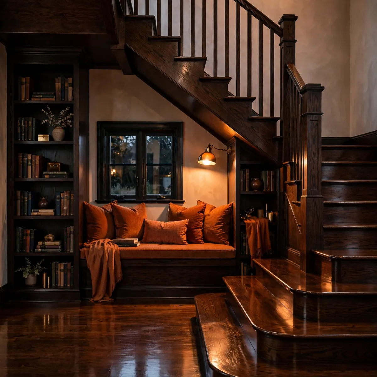 Dark Staircase Ideas: 25 Ways to Make Your Stairs the Boldest Part of the House dark staircase ideas: Ink-Black Back Wall With Gold-Framed Art