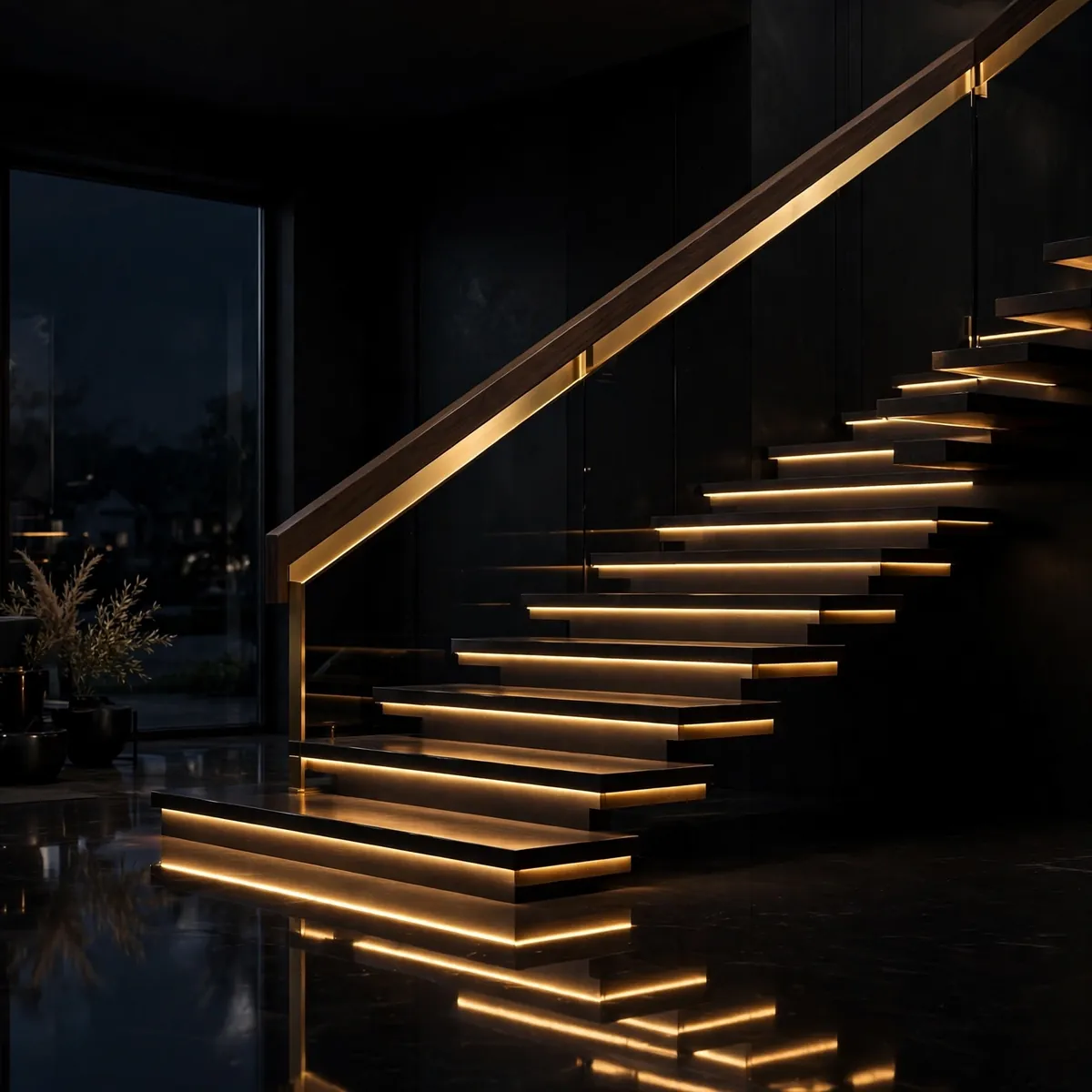 Dark Staircase Ideas: 25 Ways to Make Your Stairs the Boldest Part of the House dark staircase ideas: One Oversized Mirror in a Black Frame