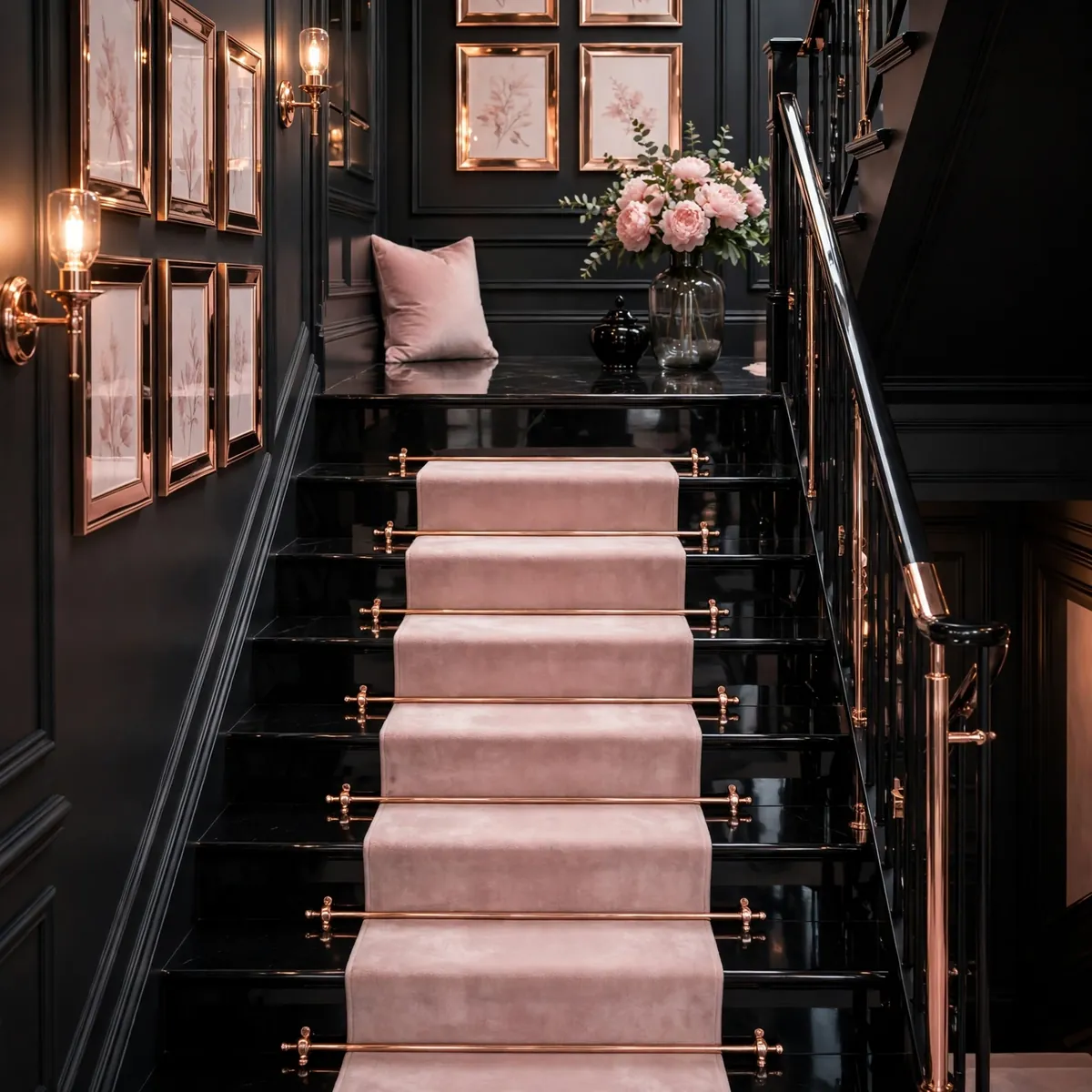 Dark Staircase Ideas: 25 Ways to Make Your Stairs the Boldest Part of the House dark staircase ideas: Moody Botanical Wallpaper in the Stairwell