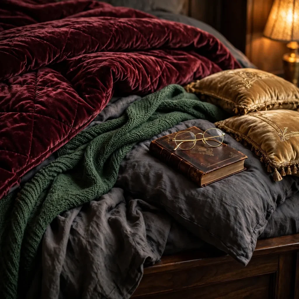 dark academia bedroom ideas: Layer Velvet, Wool, and Plaid Bedding