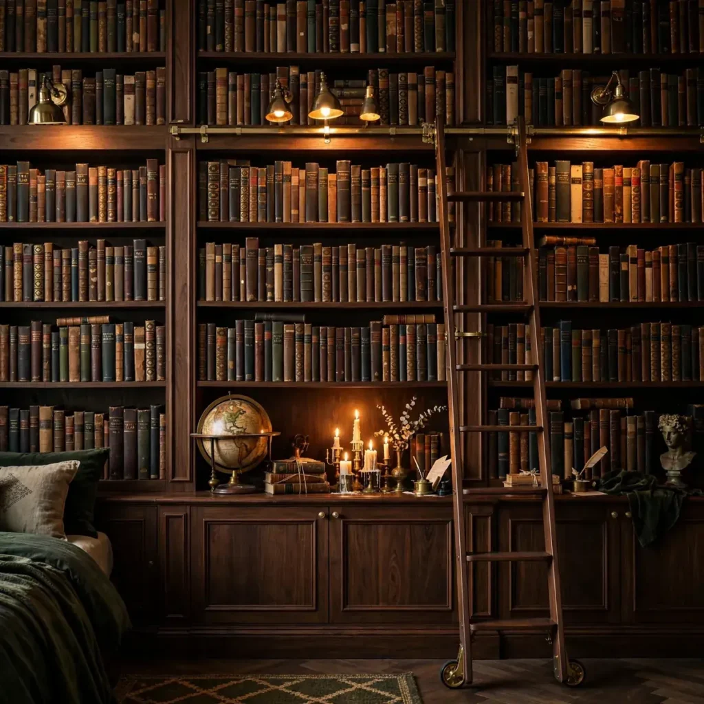 dark academia bedroom ideas: Let Bookshelves Do the Decorating