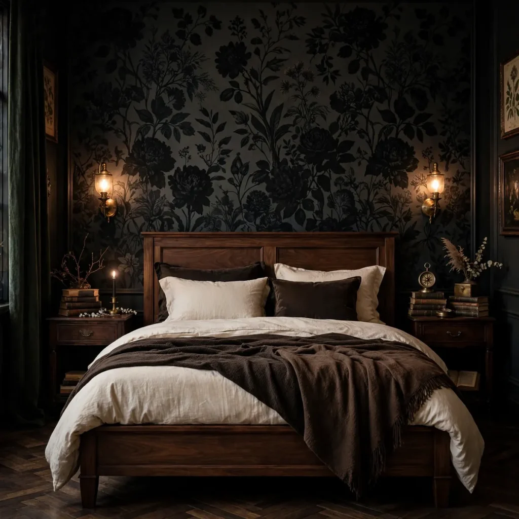 dark academia bedroom ideas: Try a Dark Botanical Wallpaper Wall