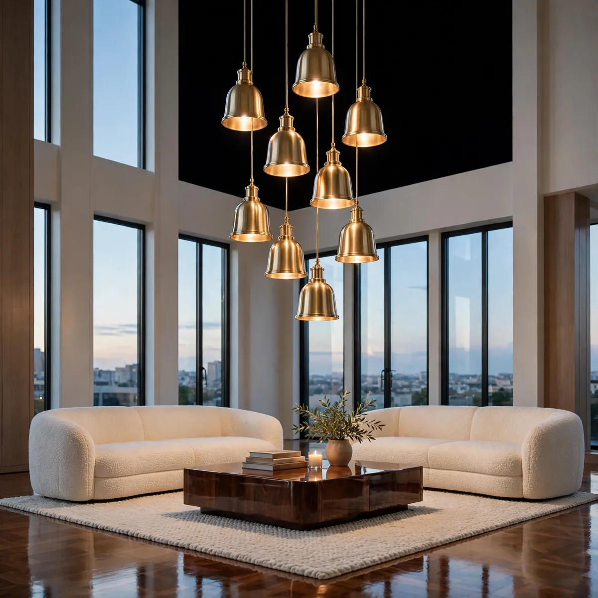 double height living room ideas: Add Wood Beams to Warm the Ceiling