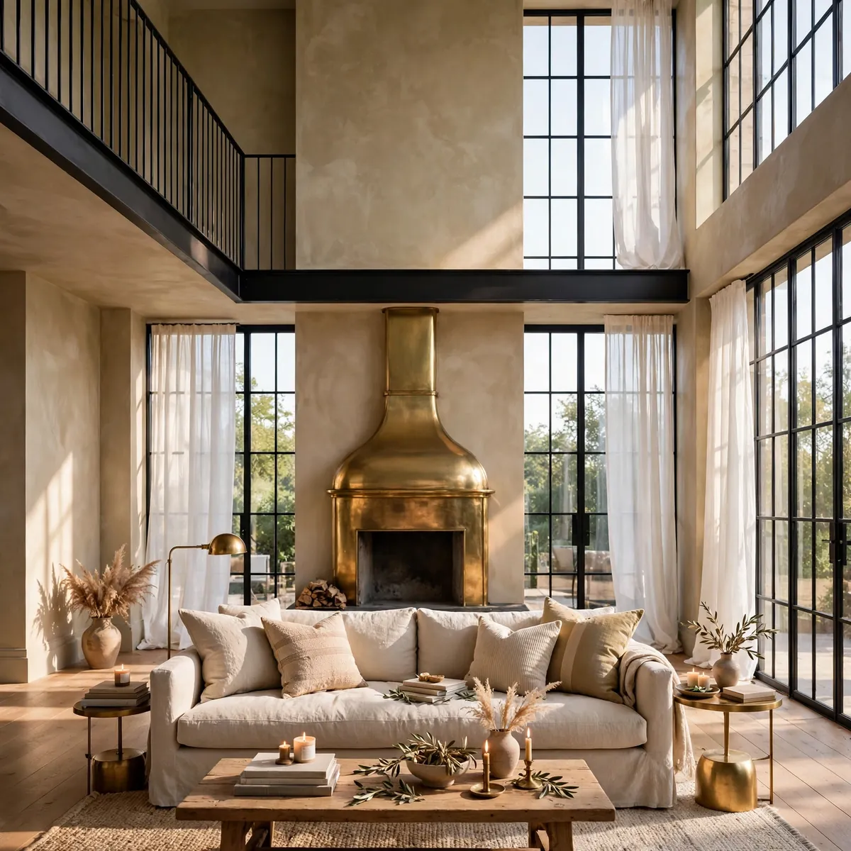 double height living room ideas: Line One Wall with a Two-Story Library