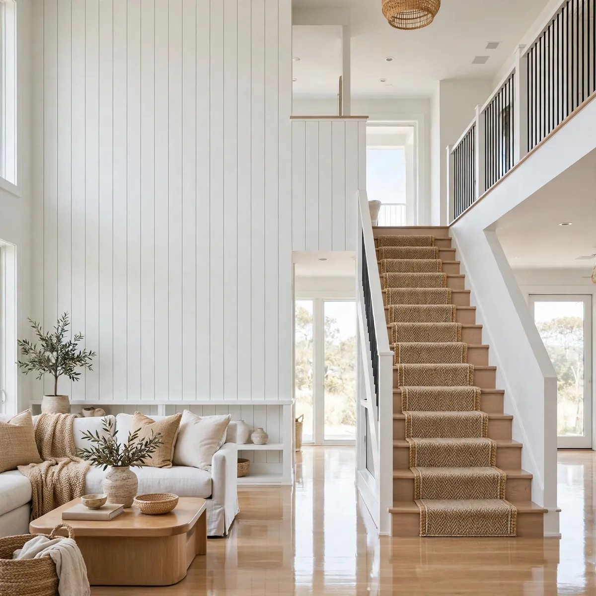 25 Double Height Staircase Wall Ideas, From Gallery Walls to Grand Chandeliers double height staircase wall ideas: A Triptych That Climbs With the Stairs