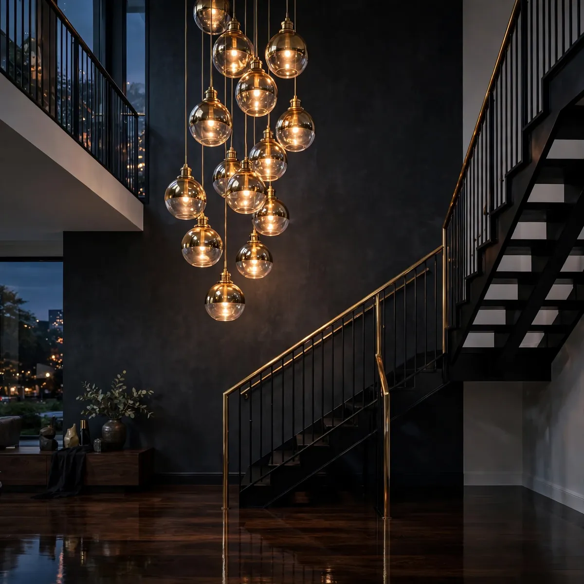 25 Double Height Staircase Wall Ideas, From Gallery Walls to Grand Chandeliers double height staircase wall ideas: Picture-Frame Moulding in a Full-Height Grid