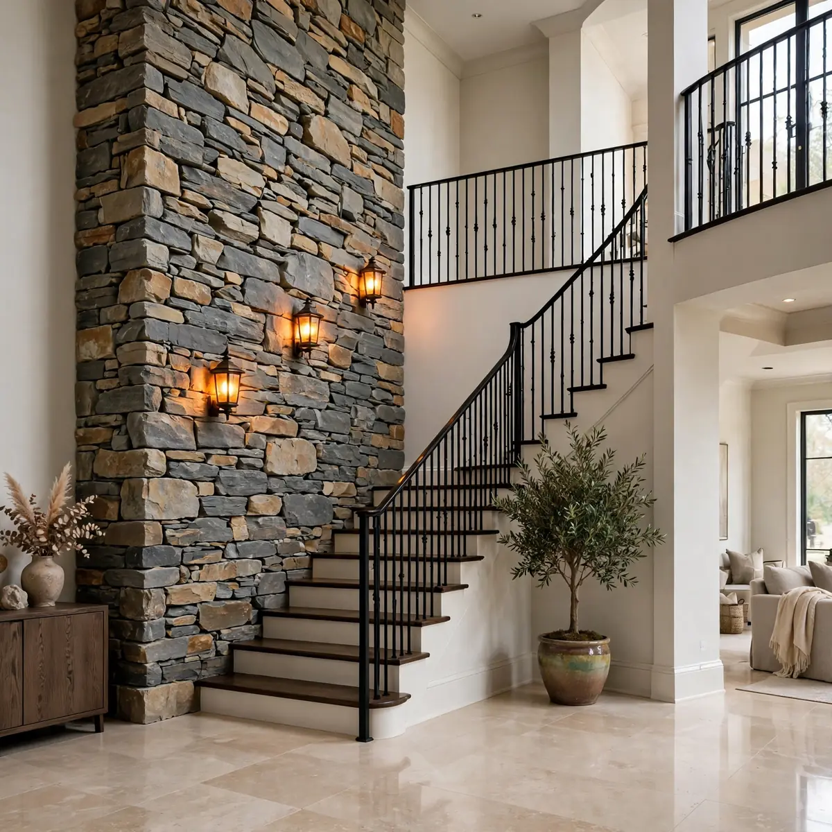 25 Double Height Staircase Wall Ideas, From Gallery Walls to Grand Chandeliers double height staircase wall ideas: Vertical Shiplap to Stretch the Eye Upward