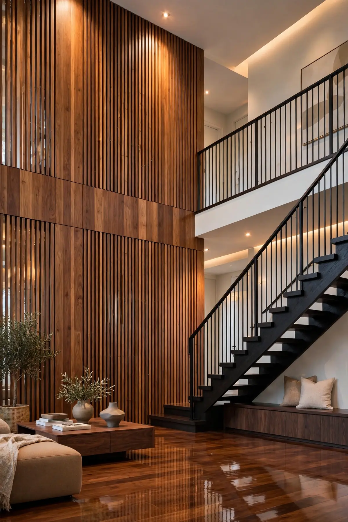 25 Double Height Staircase Wall Ideas, From Gallery Walls to Grand Chandeliers double height staircase wall ideas: Two-Tone Color Blocking That Follows the Stair Angle