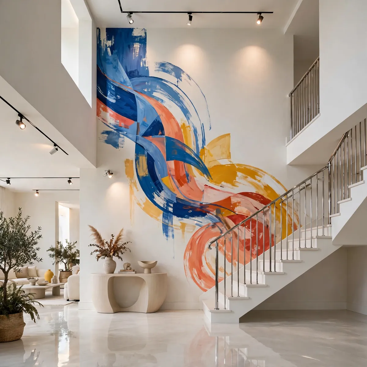 25 Double Height Staircase Wall Ideas, From Gallery Walls to Grand Chandeliers double height staircase wall ideas: A Full-Height Ombré Fade From Dark to Light