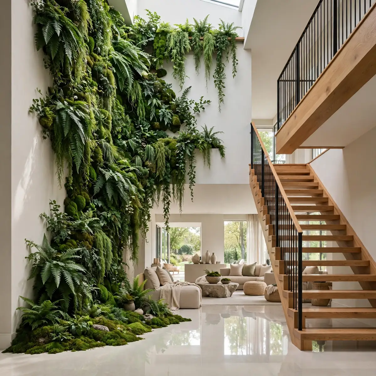 25 Double Height Staircase Wall Ideas, From Gallery Walls to Grand Chandeliers double height staircase wall ideas: One Dramatic Oversized Round Mirror