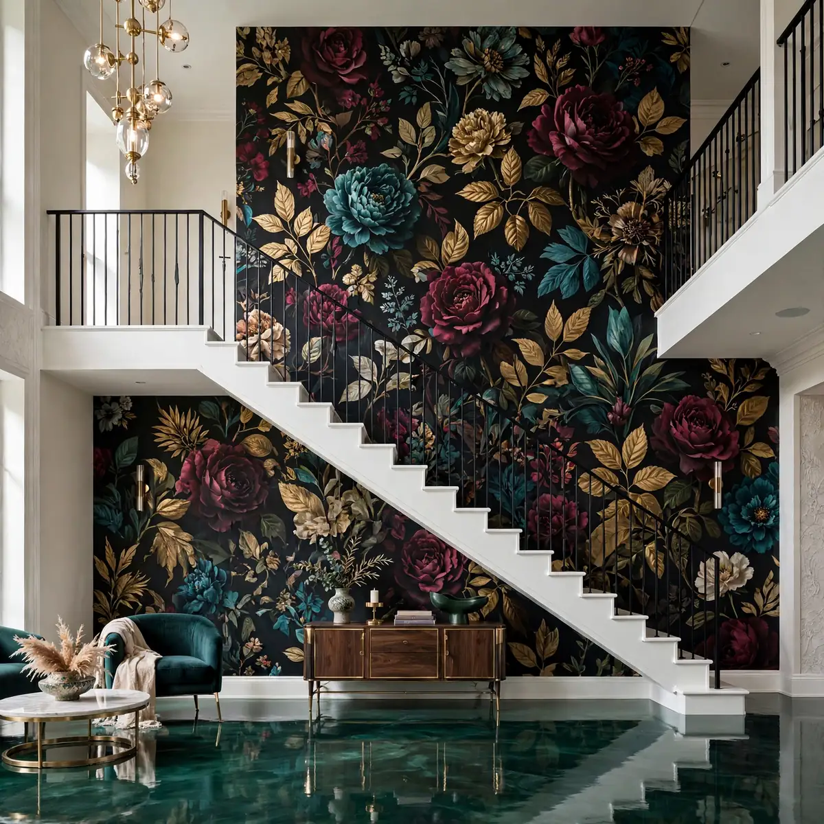 25 Double Height Staircase Wall Ideas, From Gallery Walls to Grand Chandeliers double height staircase wall ideas: A Cascading Chandelier Down the Wall