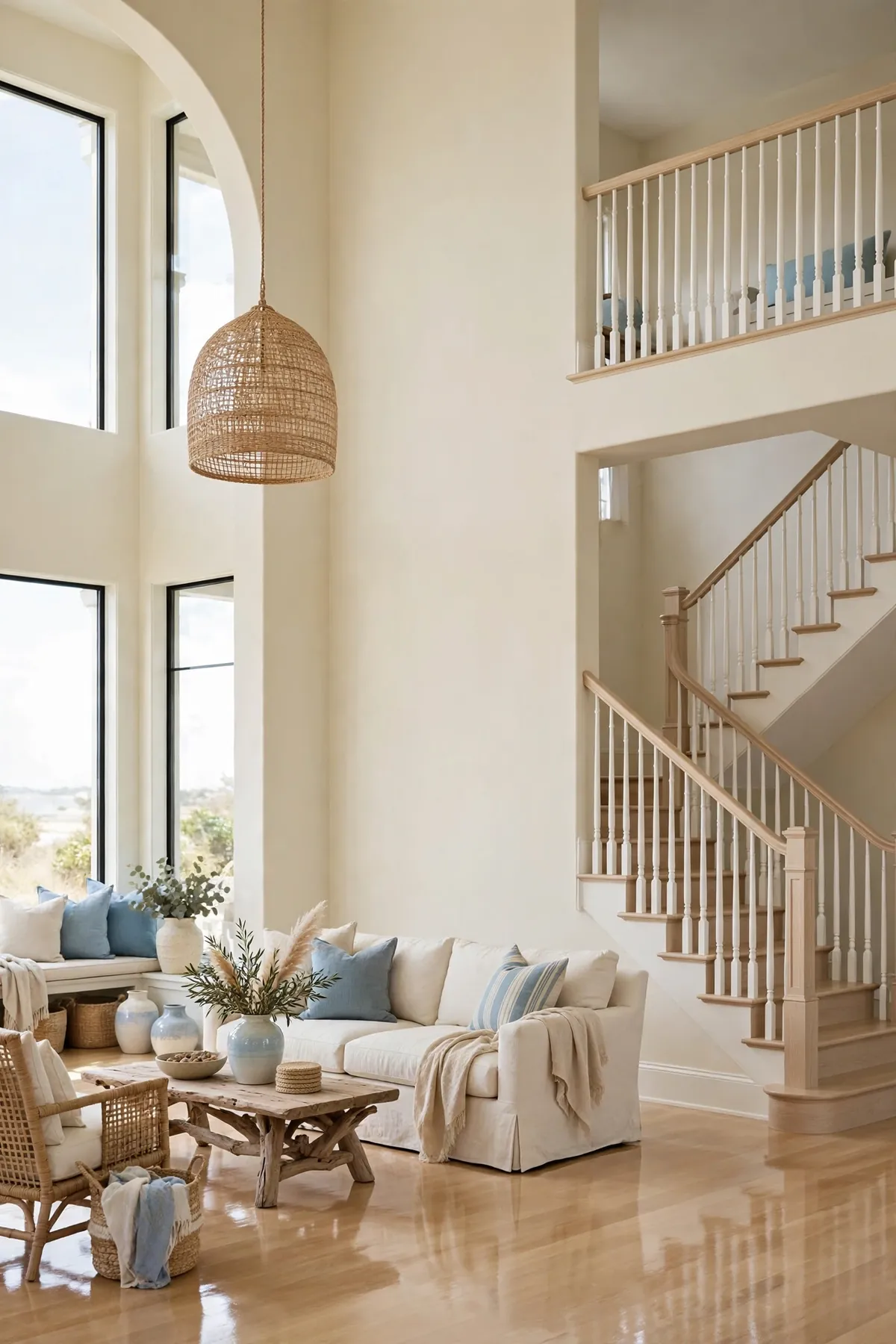 25 Double Height Staircase Wall Ideas, From Gallery Walls to Grand Chandeliers double height staircase wall ideas: Staggered Floating Shelves With Ceramics and Books