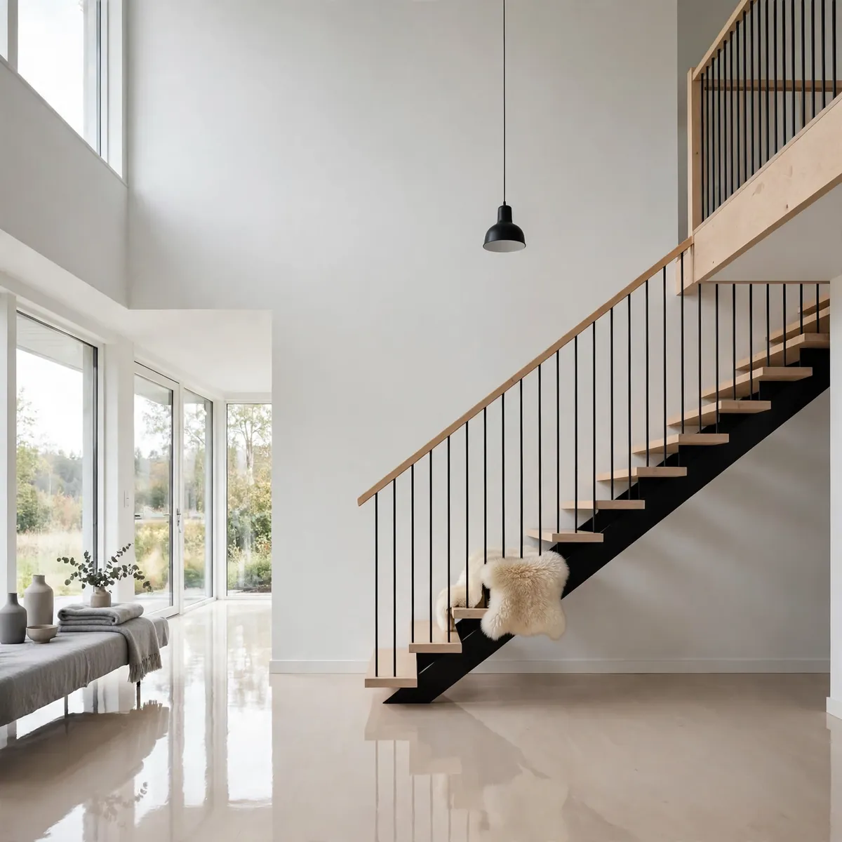 25 Double Height Staircase Wall Ideas, From Gallery Walls to Grand Chandeliers double height staircase wall ideas: A Tall Built-In Bookcase Along the Wall